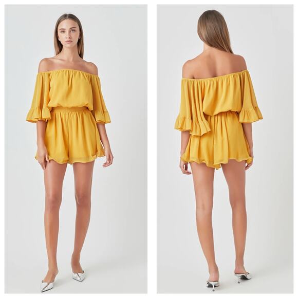 Vici Endless Rose Yellow Ruffled Sleeve Romper Medium Off Shoulder Chiffon - Picture 1 of 13